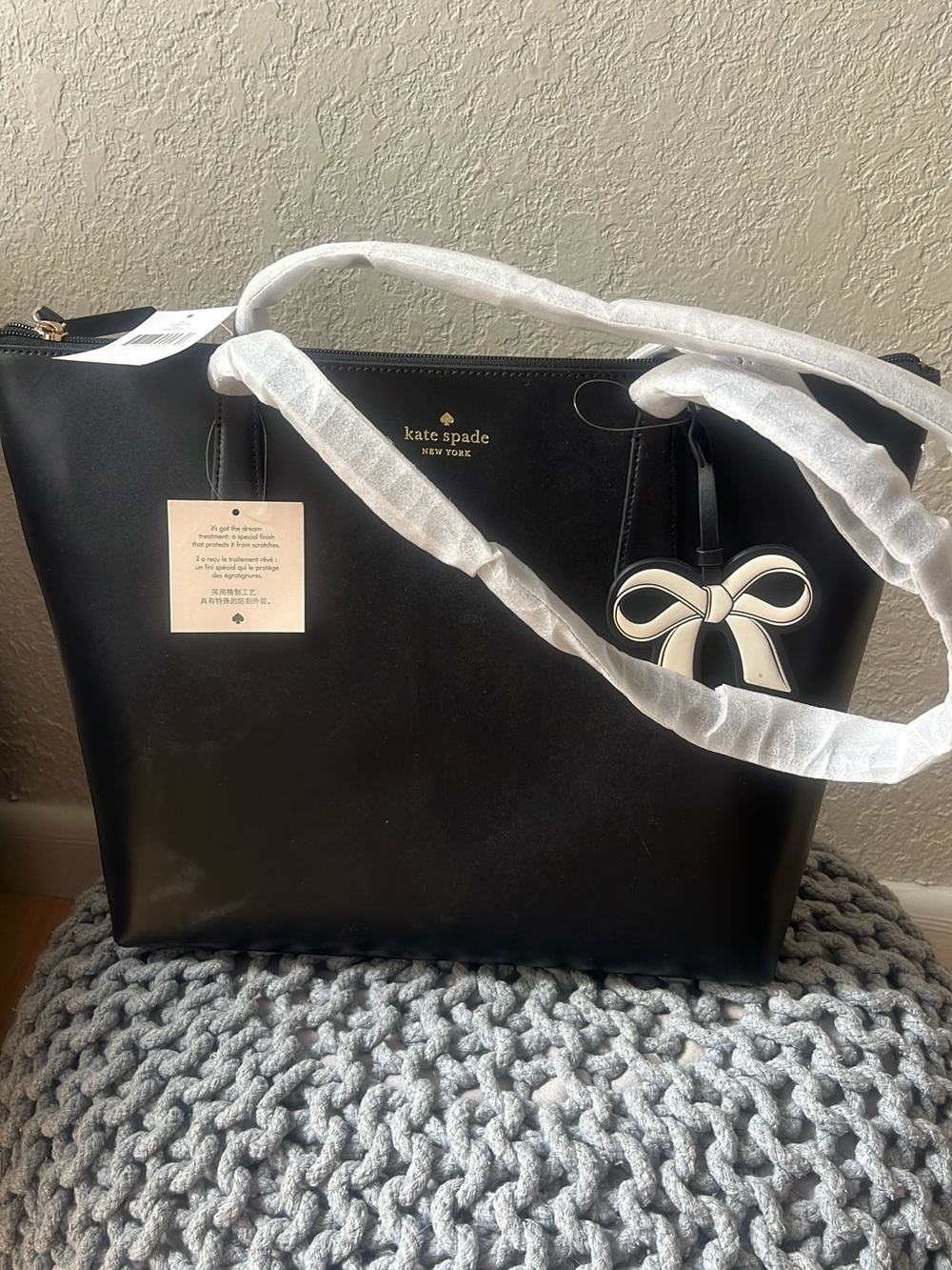 kate spade Black Leather Tote with Bow Charm Accent